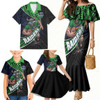 Canberra Raiders Rugby Family Matching Mermaid Dress and Hawaiian Shirt Tribal Polynesian Power Art - Lightning Mascot