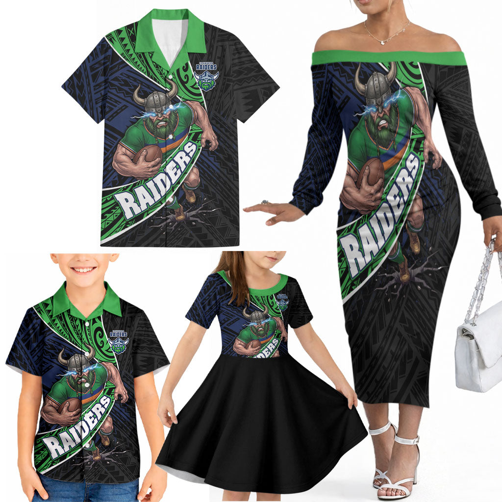 Canberra Raiders Rugby Family Matching Off The Shoulder Long Sleeve Dress and Hawaiian Shirt Tribal Polynesian Power Art - Lightning Mascot