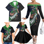 Canberra Raiders Rugby Family Matching Off The Shoulder Long Sleeve Dress and Hawaiian Shirt Tribal Polynesian Power Art - Lightning Mascot