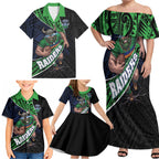 Canberra Raiders Rugby Family Matching Off Shoulder Maxi Dress and Hawaiian Shirt Tribal Polynesian Power Art - Lightning Mascot
