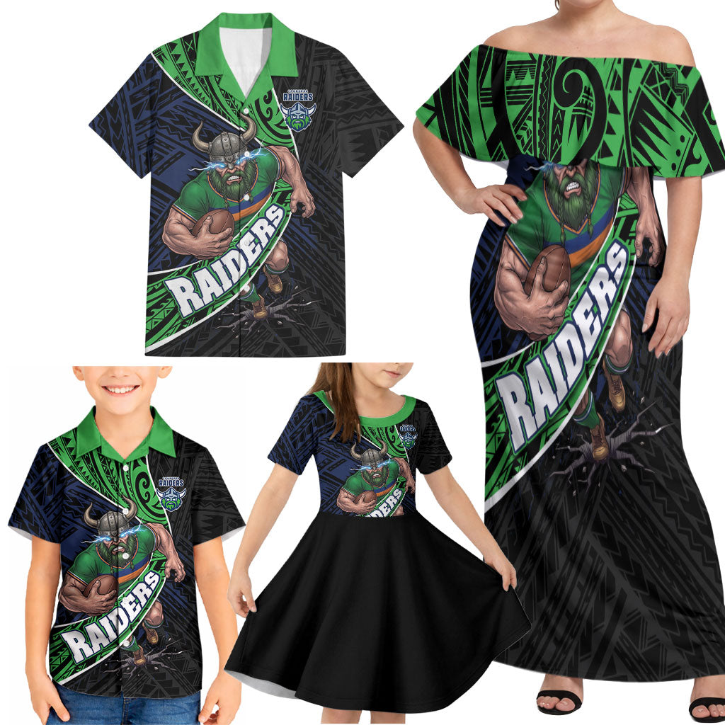 Canberra Raiders Rugby Family Matching Off Shoulder Maxi Dress and Hawaiian Shirt Tribal Polynesian Power Art - Lightning Mascot