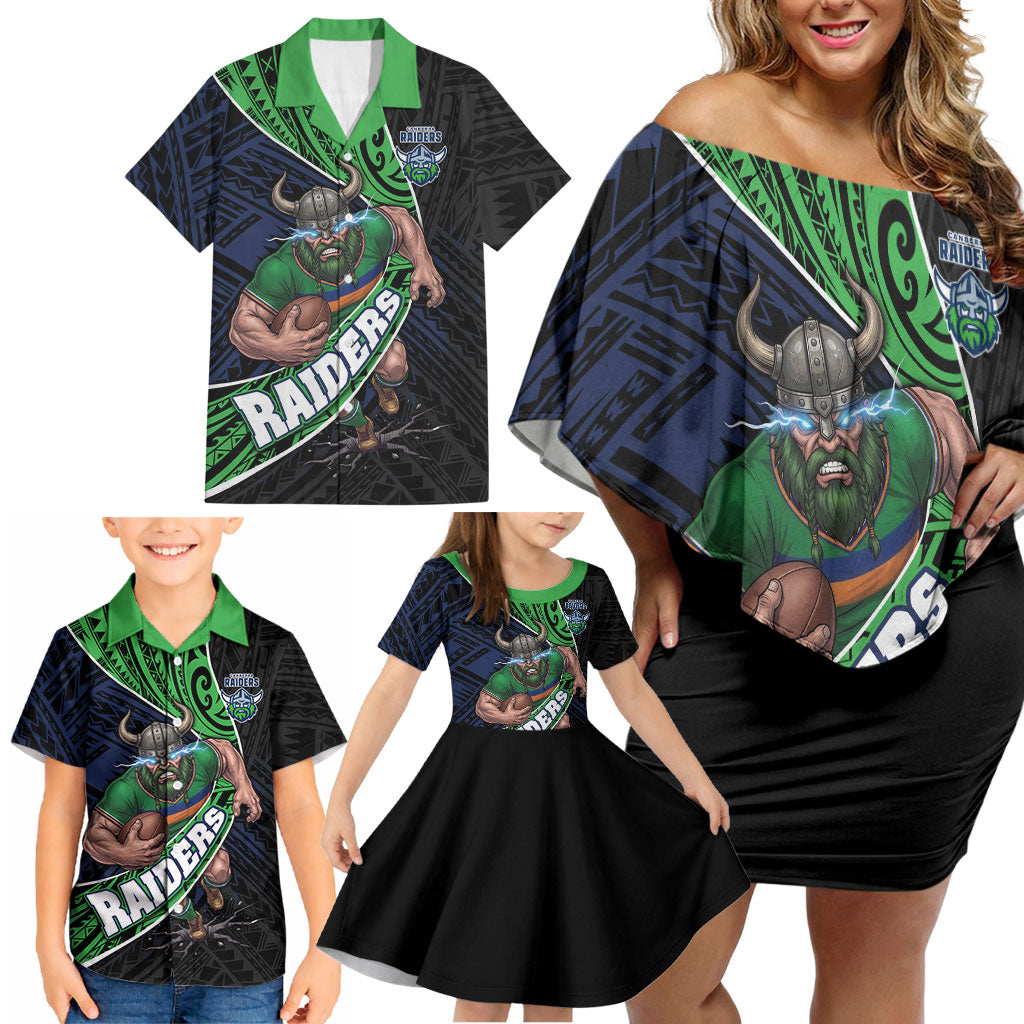 Canberra Raiders Rugby Family Matching Off Shoulder Short Dress and Hawaiian Shirt Tribal Polynesian Power Art - Lightning Mascot