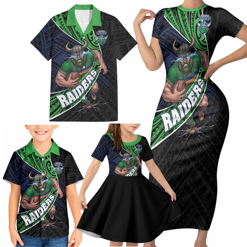 Canberra Raiders Rugby Family Matching Short Sleeve Bodycon Dress and Hawaiian Shirt Tribal Polynesian Power Art - Lightning Mascot