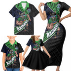 Canberra Raiders Rugby Family Matching Short Sleeve Bodycon Dress and Hawaiian Shirt Tribal Polynesian Power Art - Lightning Mascot