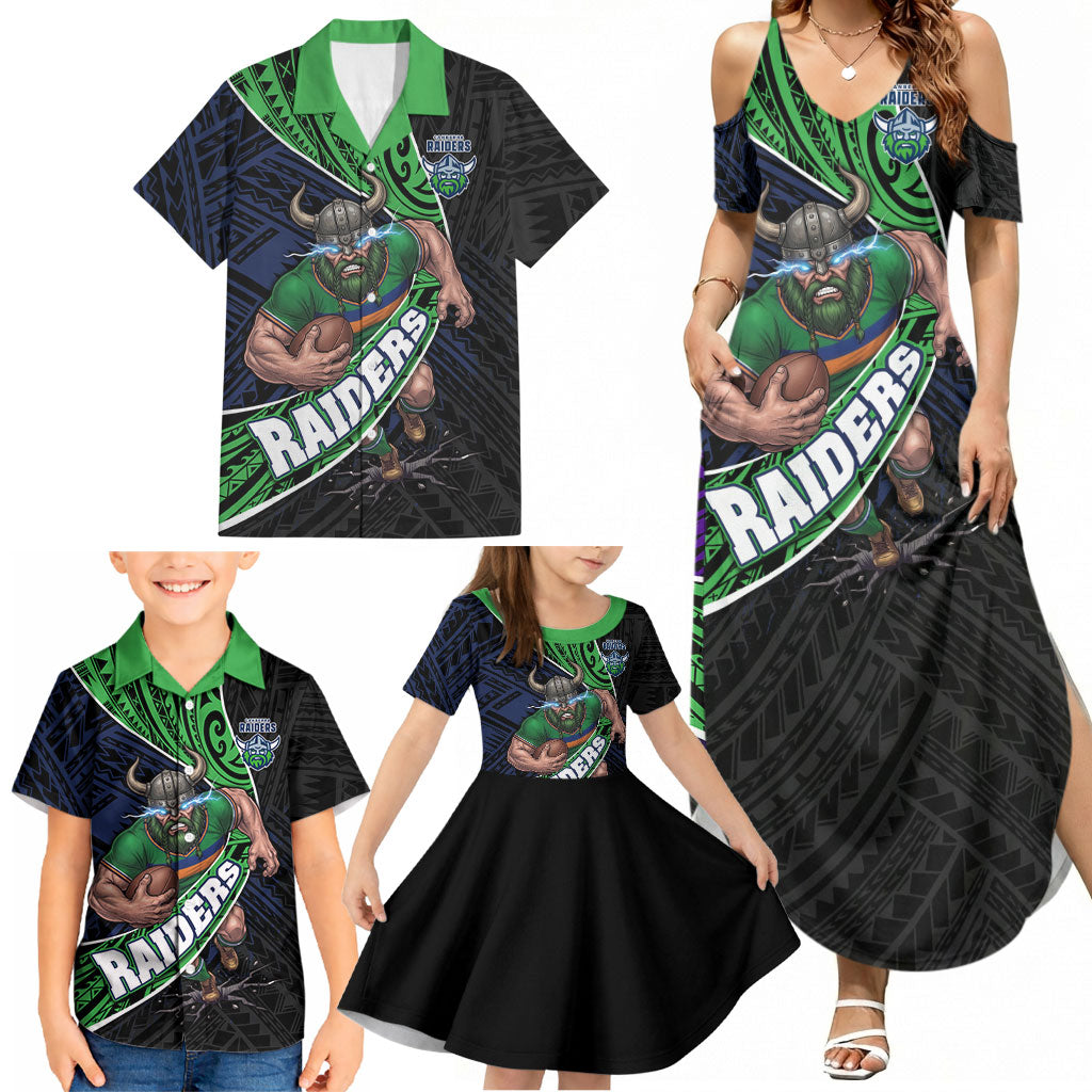 Canberra Raiders Rugby Family Matching Summer Maxi Dress and Hawaiian Shirt Tribal Polynesian Power Art - Lightning Mascot