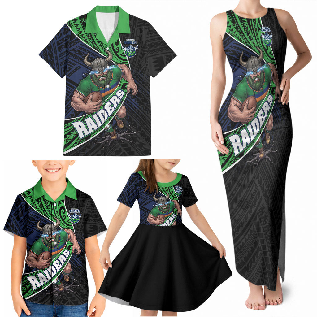 Canberra Raiders Rugby Family Matching Tank Maxi Dress and Hawaiian Shirt Tribal Polynesian Power Art - Lightning Mascot