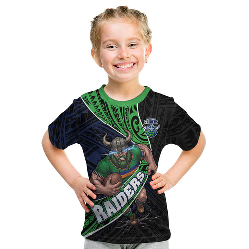 Canberra Raiders Rugby Kid T Shirt Tribal Polynesian Power Art - Lightning Mascot