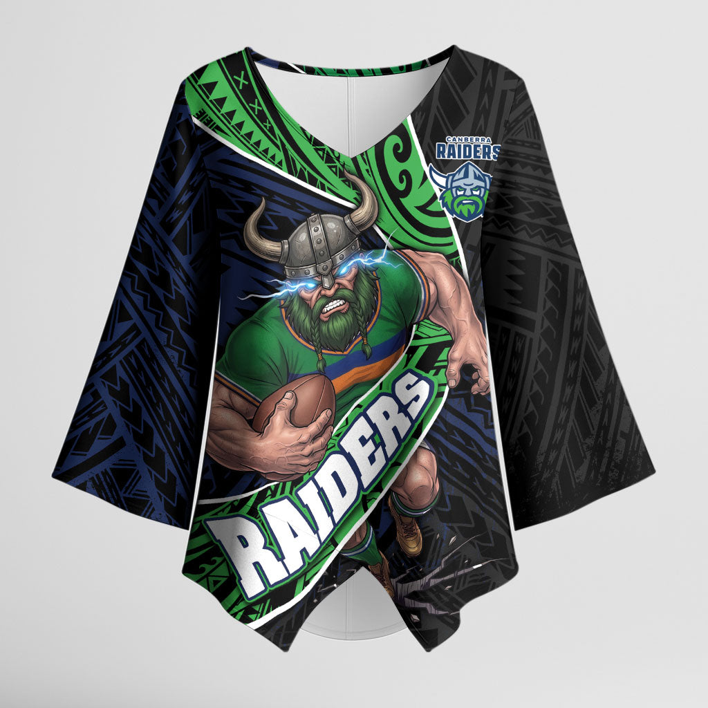 Canberra Raiders Rugby Kimono Sleeve Blouse Tribal Polynesian Power Art - Lightning Mascot