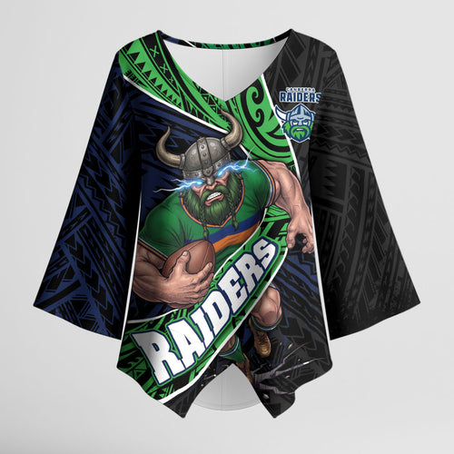 Canberra Raiders Rugby Kimono Sleeve Blouse Tribal Polynesian Power Art - Lightning Mascot
