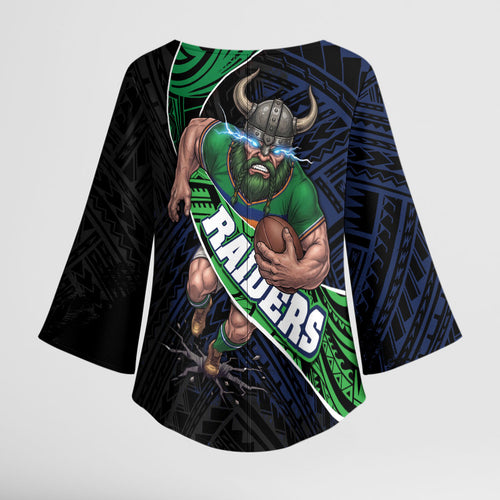 Canberra Raiders Rugby Kimono Sleeve Blouse Tribal Polynesian Power Art - Lightning Mascot