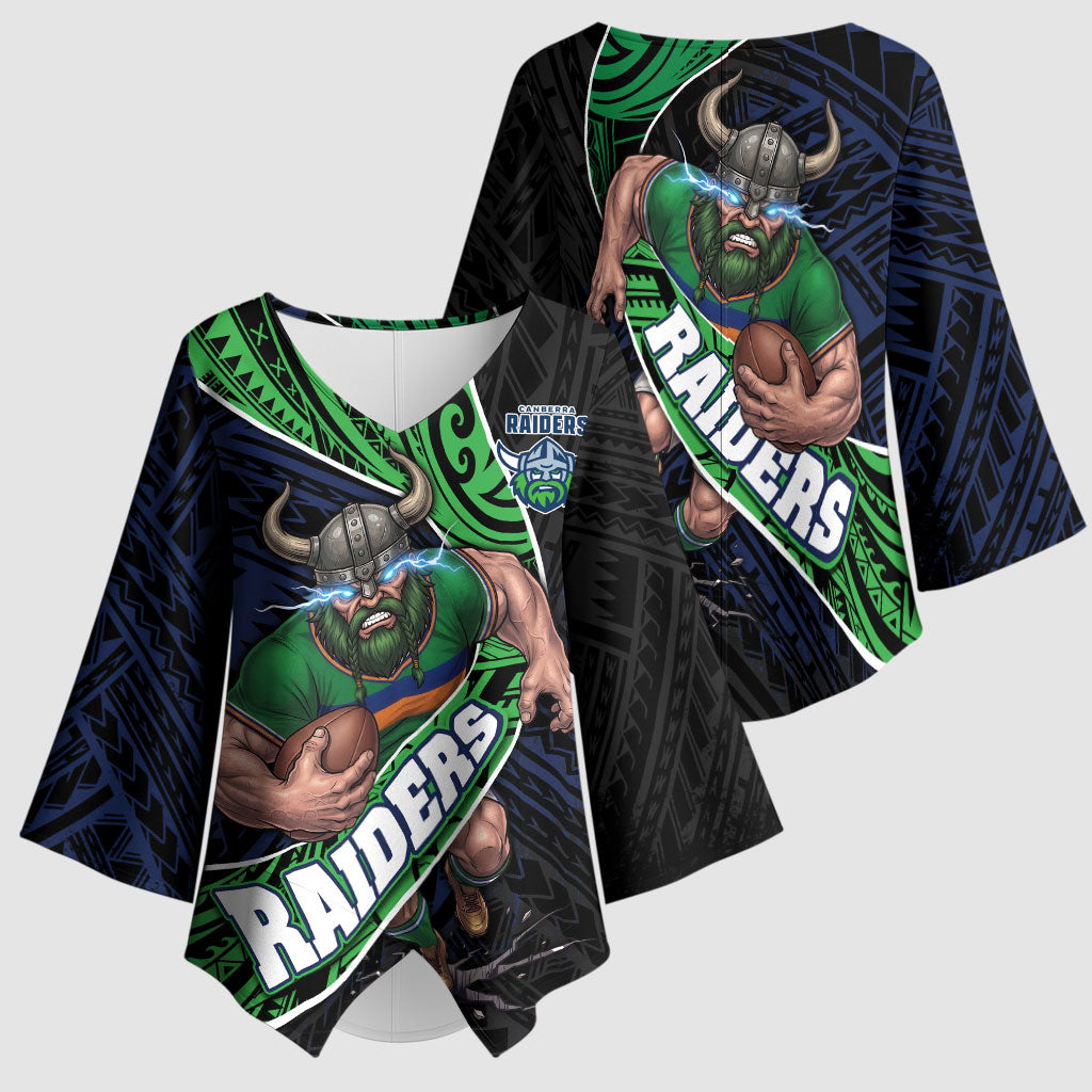 Canberra Raiders Rugby Kimono Sleeve Blouse Tribal Polynesian Power Art - Lightning Mascot