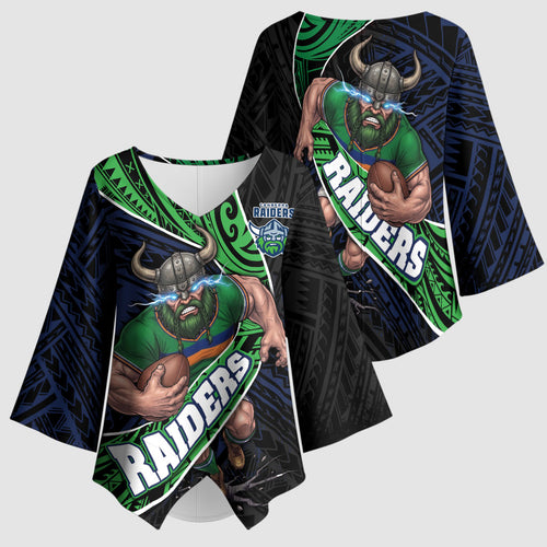 Canberra Raiders Rugby Kimono Sleeve Blouse Tribal Polynesian Power Art - Lightning Mascot