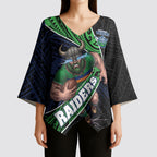 Canberra Raiders Rugby Kimono Sleeve Blouse Tribal Polynesian Power Art - Lightning Mascot