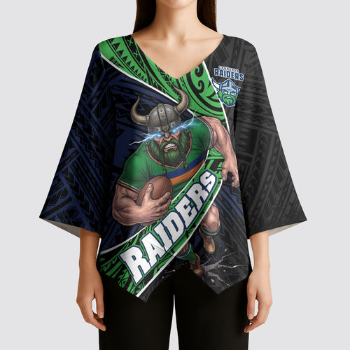 Canberra Raiders Rugby Kimono Sleeve Blouse Tribal Polynesian Power Art - Lightning Mascot