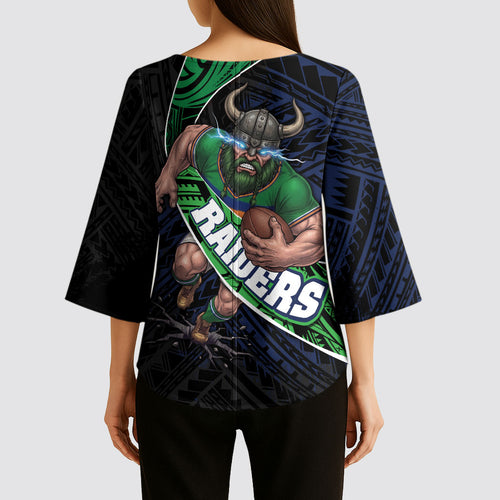 Canberra Raiders Rugby Kimono Sleeve Blouse Tribal Polynesian Power Art - Lightning Mascot