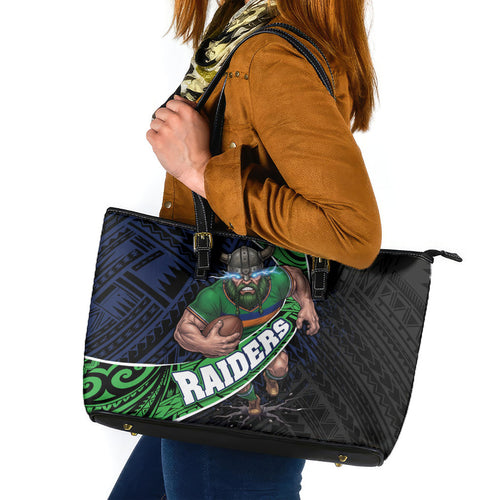 Canberra Raiders Rugby Leather Tote Bag Tribal Polynesian Power Art - Lightning Mascot