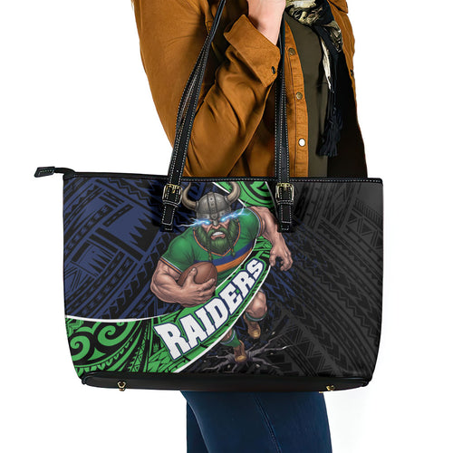 Canberra Raiders Rugby Leather Tote Bag Tribal Polynesian Power Art - Lightning Mascot