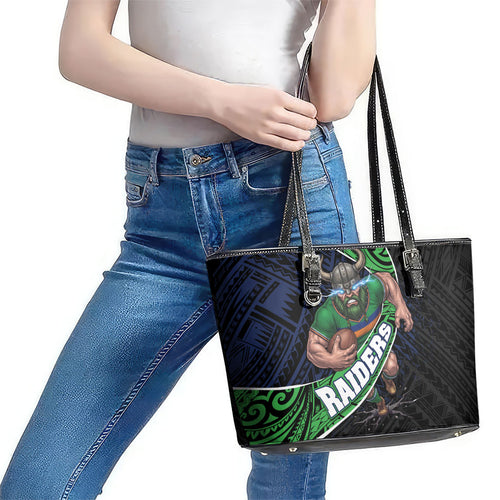 Canberra Raiders Rugby Leather Tote Bag Tribal Polynesian Power Art - Lightning Mascot
