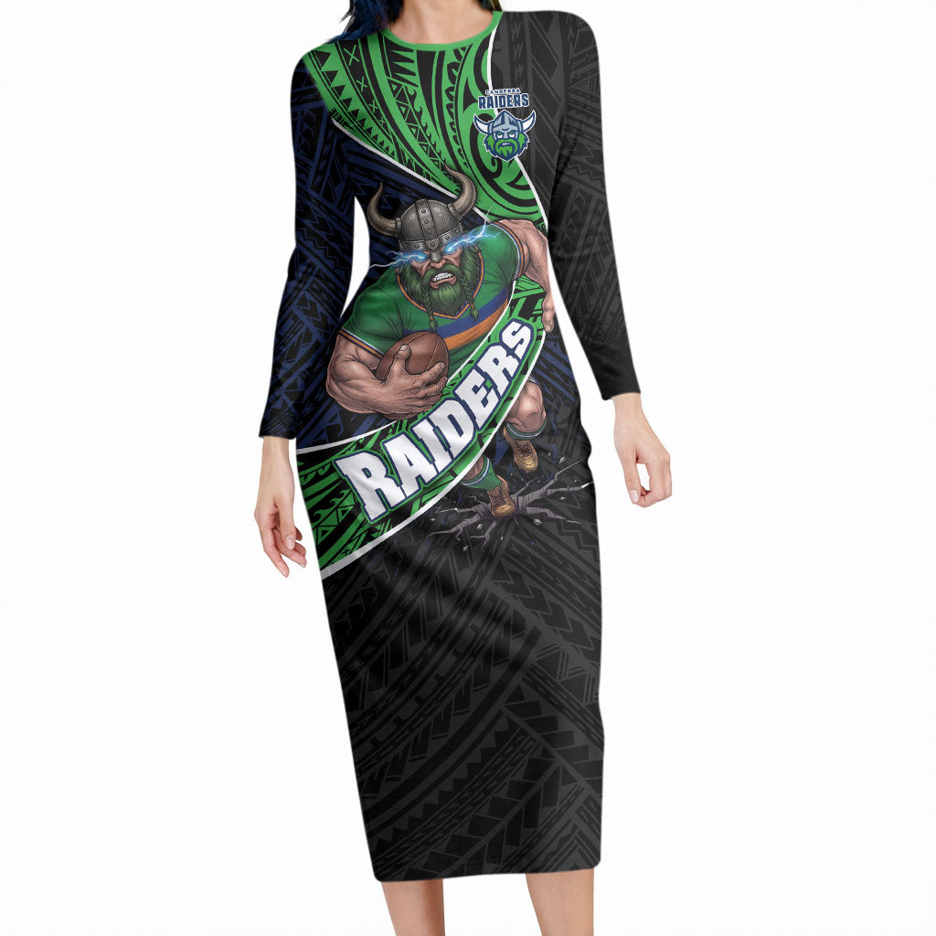 Canberra Raiders Rugby Long Sleeve Bodycon Dress Tribal Polynesian Power Art - Lightning Mascot