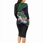 Canberra Raiders Rugby Long Sleeve Bodycon Dress Tribal Polynesian Power Art - Lightning Mascot