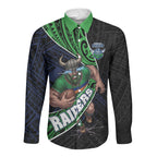 Canberra Raiders Rugby Long Sleeve Button Shirt Tribal Polynesian Power Art - Lightning Mascot