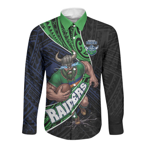 Canberra Raiders Rugby Long Sleeve Button Shirt Tribal Polynesian Power Art - Lightning Mascot