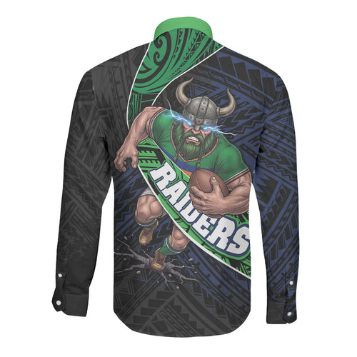Canberra Raiders Rugby Long Sleeve Button Shirt Tribal Polynesian Power Art - Lightning Mascot