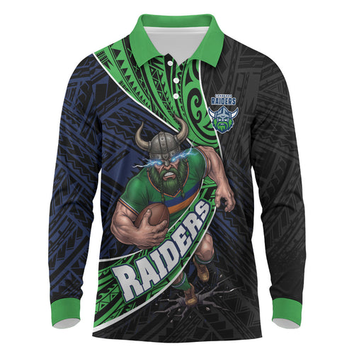 Canberra Raiders Rugby Long Sleeve Polo Shirt Tribal Polynesian Power Art - Lightning Mascot