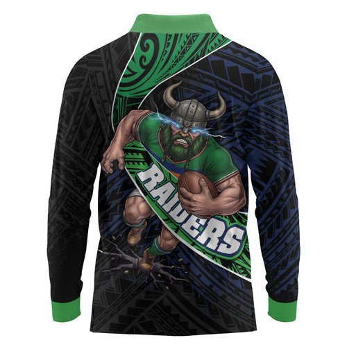 Canberra Raiders Rugby Long Sleeve Polo Shirt Tribal Polynesian Power Art - Lightning Mascot