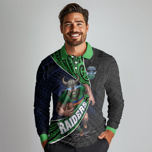 Canberra Raiders Rugby Long Sleeve Polo Shirt Tribal Polynesian Power Art - Lightning Mascot