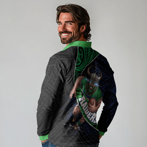 Canberra Raiders Rugby Long Sleeve Polo Shirt Tribal Polynesian Power Art - Lightning Mascot