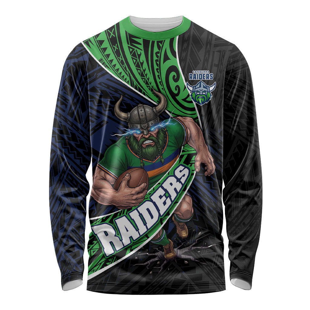 Canberra Raiders Rugby Long Sleeve Shirt Tribal Polynesian Power Art - Lightning Mascot