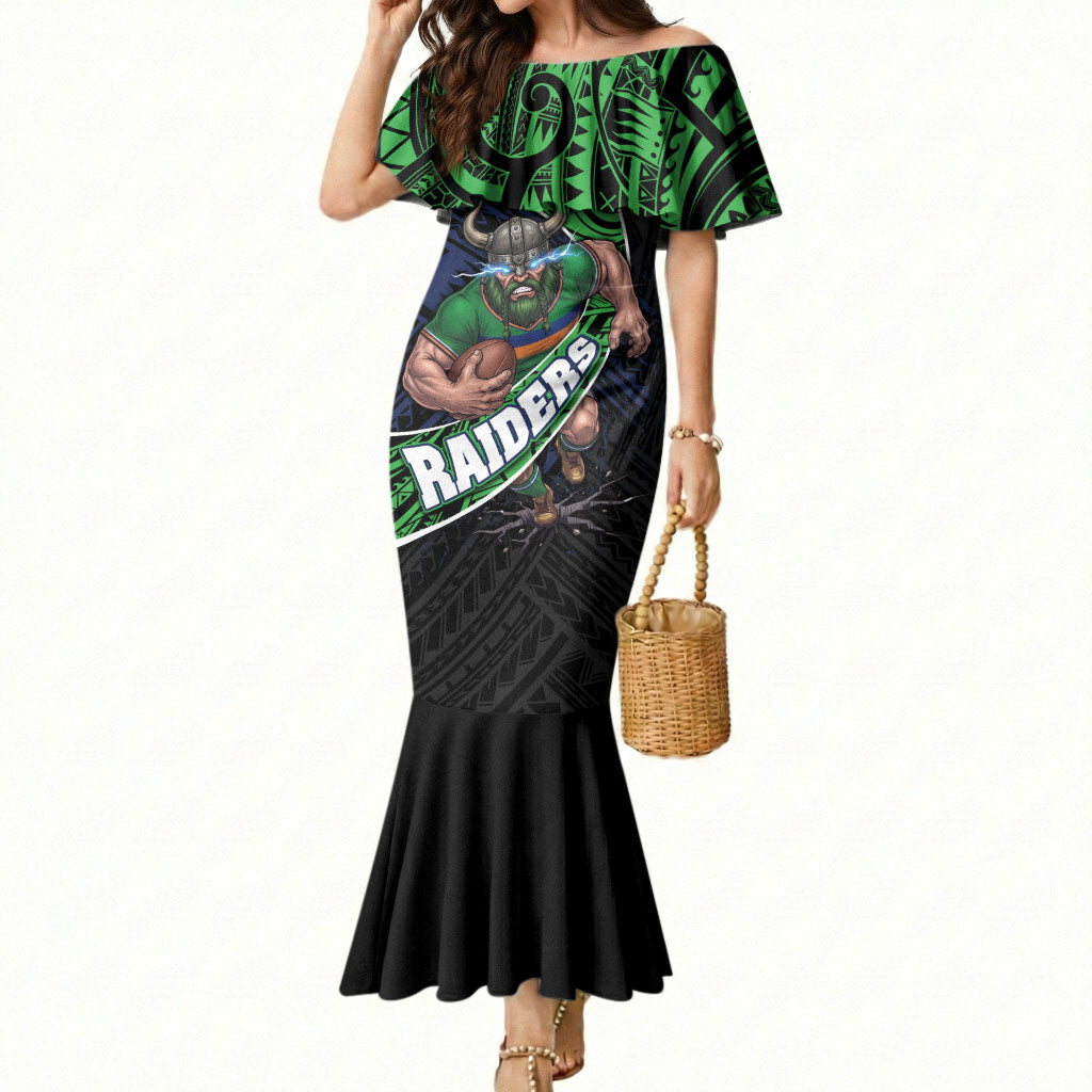 Canberra Raiders Rugby Mermaid Dress Tribal Polynesian Power Art - Lightning Mascot