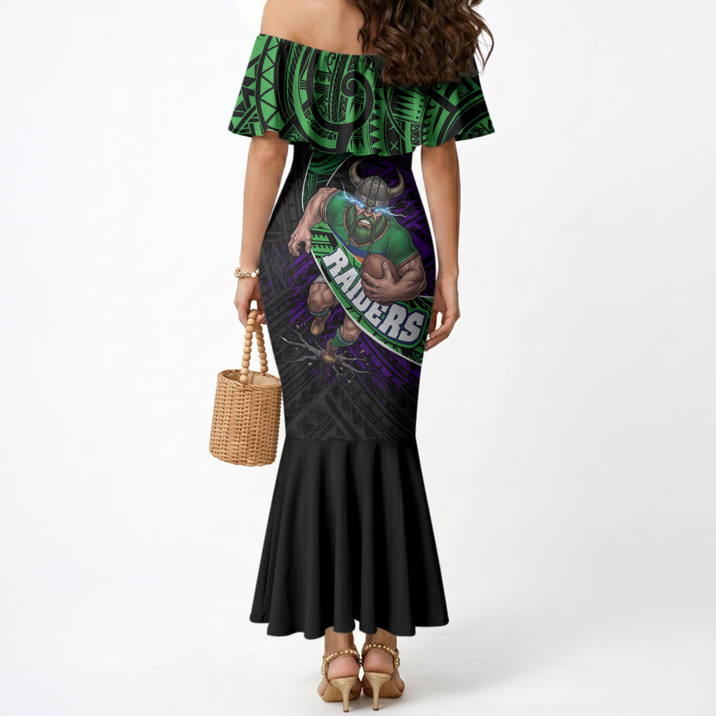 Canberra Raiders Rugby Mermaid Dress Tribal Polynesian Power Art - Lightning Mascot