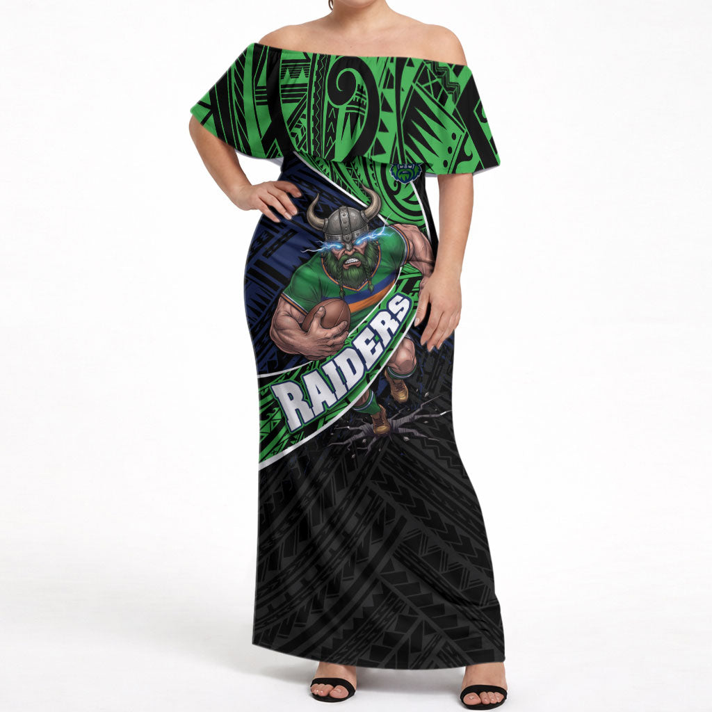 Canberra Raiders Rugby Off Shoulder Maxi Dress Tribal Polynesian Power Art - Lightning Mascot