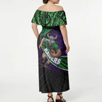 Canberra Raiders Rugby Off Shoulder Maxi Dress Tribal Polynesian Power Art - Lightning Mascot