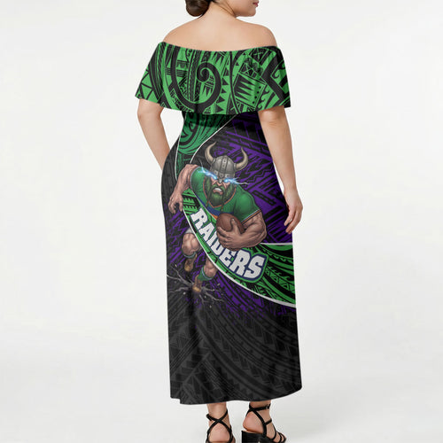 Canberra Raiders Rugby Off Shoulder Maxi Dress Tribal Polynesian Power Art - Lightning Mascot