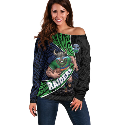 Canberra Raiders Rugby Off Shoulder Sweater Tribal Polynesian Power Art - Lightning Mascot