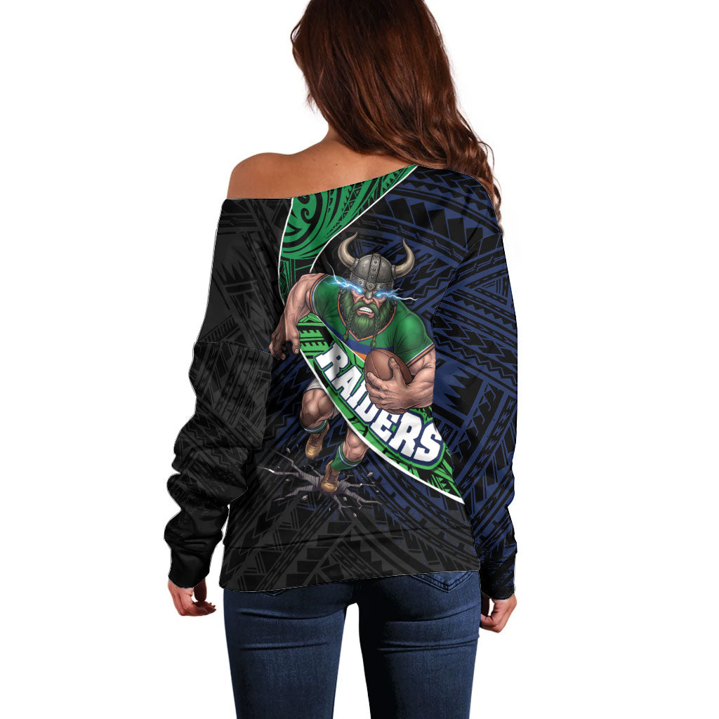 Canberra Raiders Rugby Off Shoulder Sweater Tribal Polynesian Power Art - Lightning Mascot