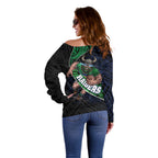 Canberra Raiders Rugby Off Shoulder Sweater Tribal Polynesian Power Art - Lightning Mascot