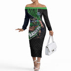 Canberra Raiders Rugby Off The Shoulder Long Sleeve Dress Tribal Polynesian Power Art - Lightning Mascot