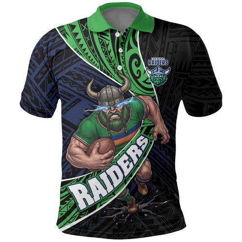 Canberra Raiders Rugby Polo Shirt Tribal Polynesian Power Art - Lightning Mascot