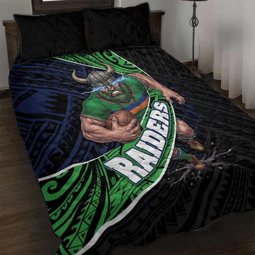 Canberra Raiders Rugby Quilt Bed Set Tribal Polynesian Power Art - Lightning Mascot