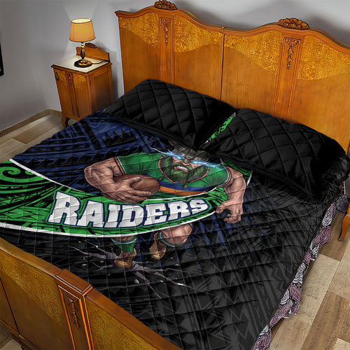 Canberra Raiders Rugby Quilt Bed Set Tribal Polynesian Power Art - Lightning Mascot