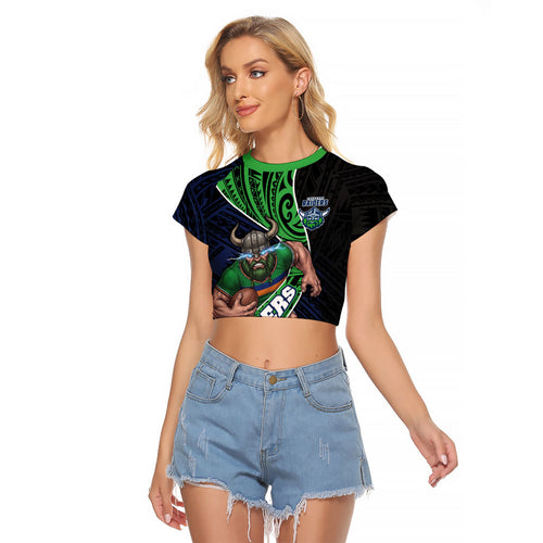 Canberra Raiders Rugby Raglan Cropped T Shirt Tribal Polynesian Power Art - Lightning Mascot