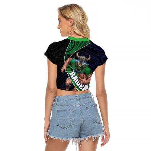 Canberra Raiders Rugby Raglan Cropped T Shirt Tribal Polynesian Power Art - Lightning Mascot