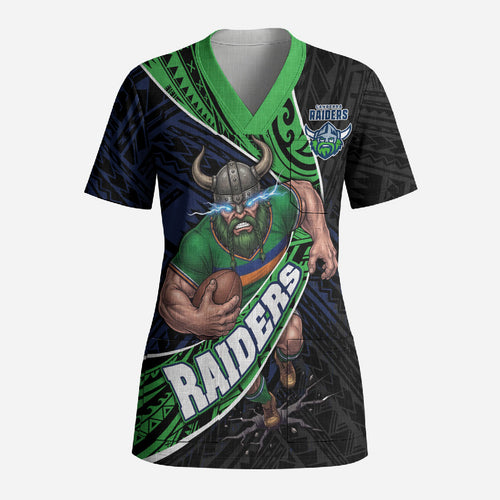 Canberra Raiders Rugby Scrub Top Tribal Polynesian Power Art - Lightning Mascot