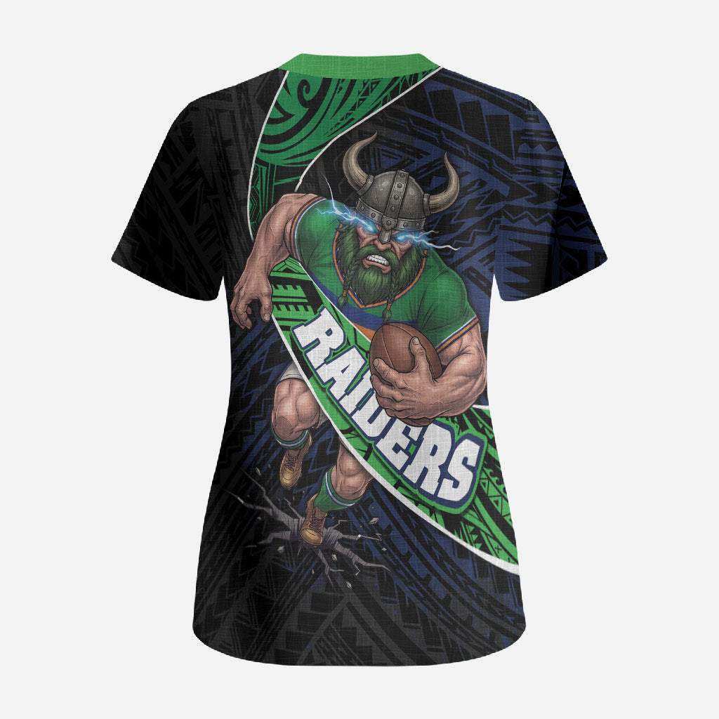 Canberra Raiders Rugby Scrub Top Tribal Polynesian Power Art - Lightning Mascot