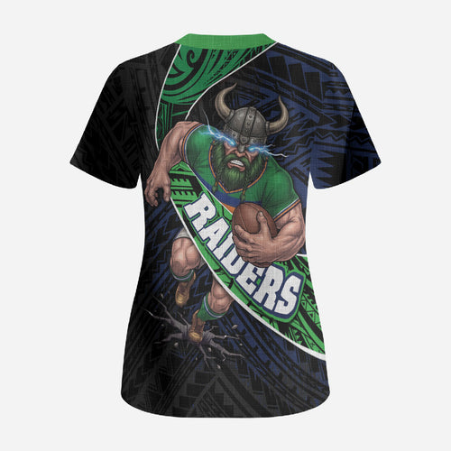 Canberra Raiders Rugby Scrub Top Tribal Polynesian Power Art - Lightning Mascot