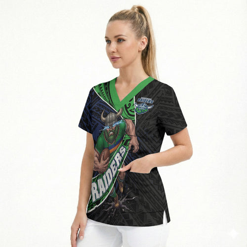 Canberra Raiders Rugby Scrub Top Tribal Polynesian Power Art - Lightning Mascot